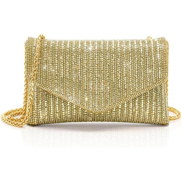 Golden Pearl Rhinestone Bow Flip Clutch Wedding Prom Cocktail Mini Bag - Picture 9 of 9